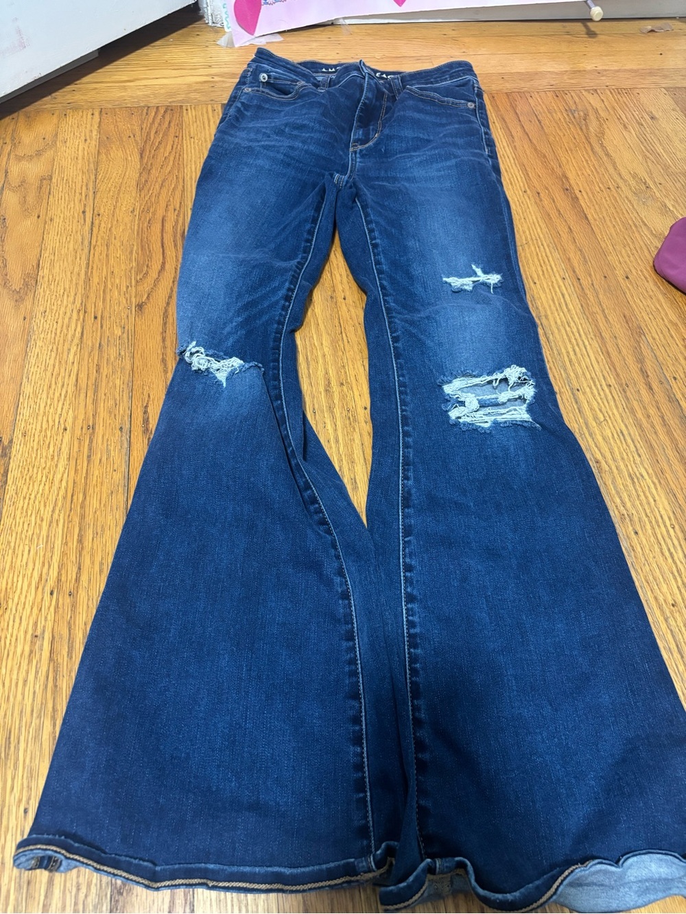 American Eagle Outfitters Dark Blue Distressed Flare Jeans